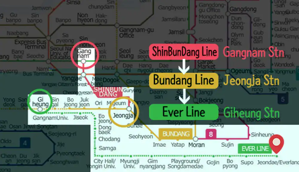 Map of Seoul subway lines highlighting Everland and Bundang Line for Korea tours.